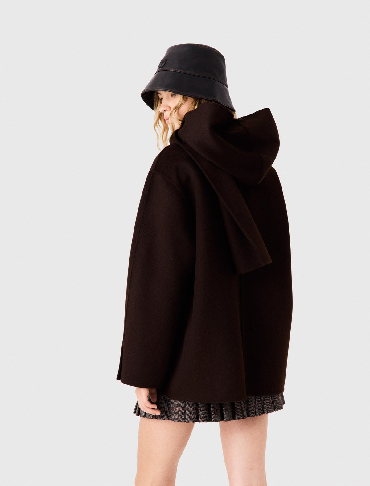 Wool Coat With Removable Scarf Dark Brown