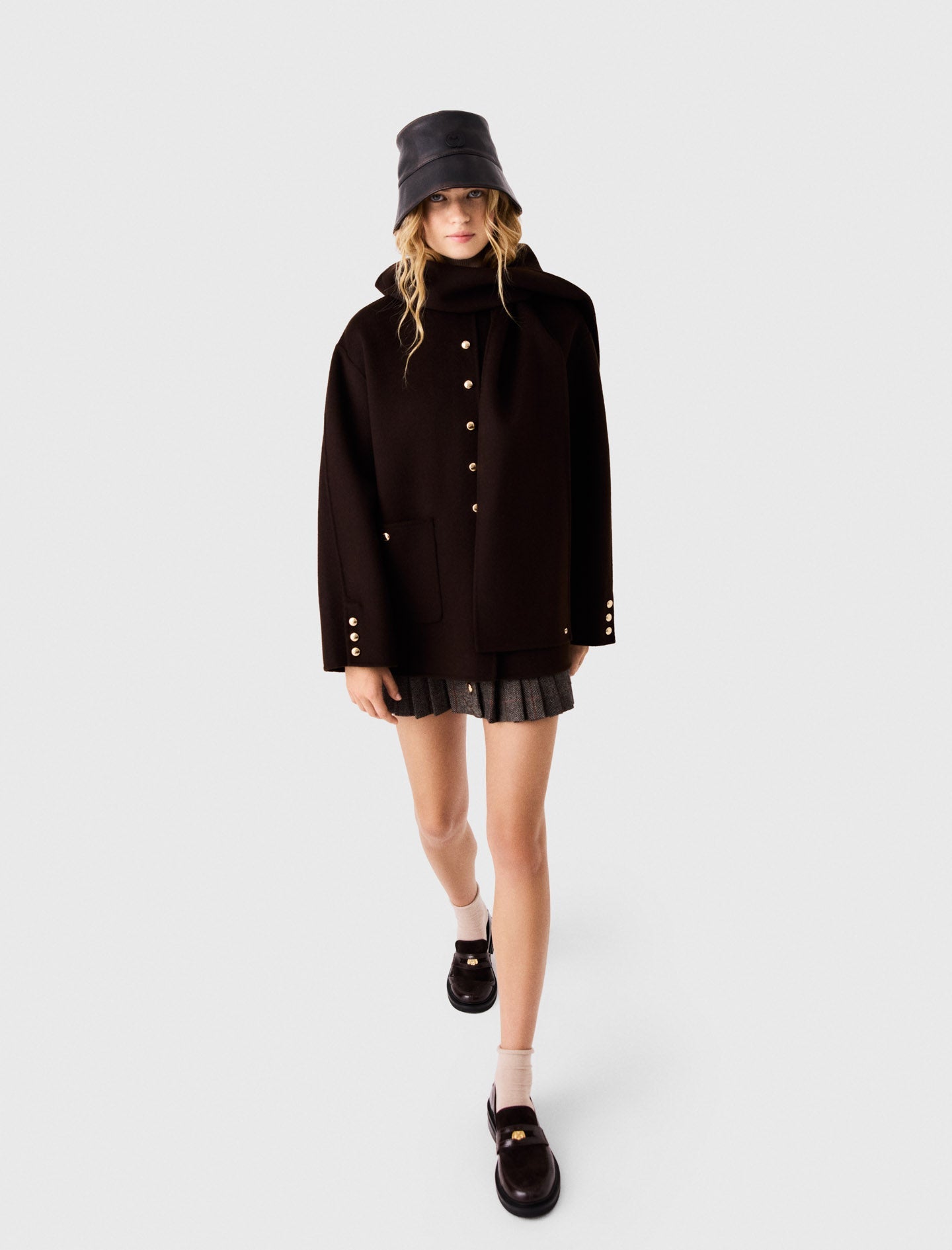 Wool Coat With Removable Scarf Dark Brown