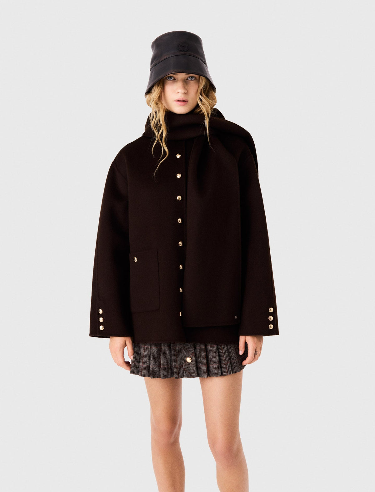 Wool Coat With Removable Scarf Dark Brown