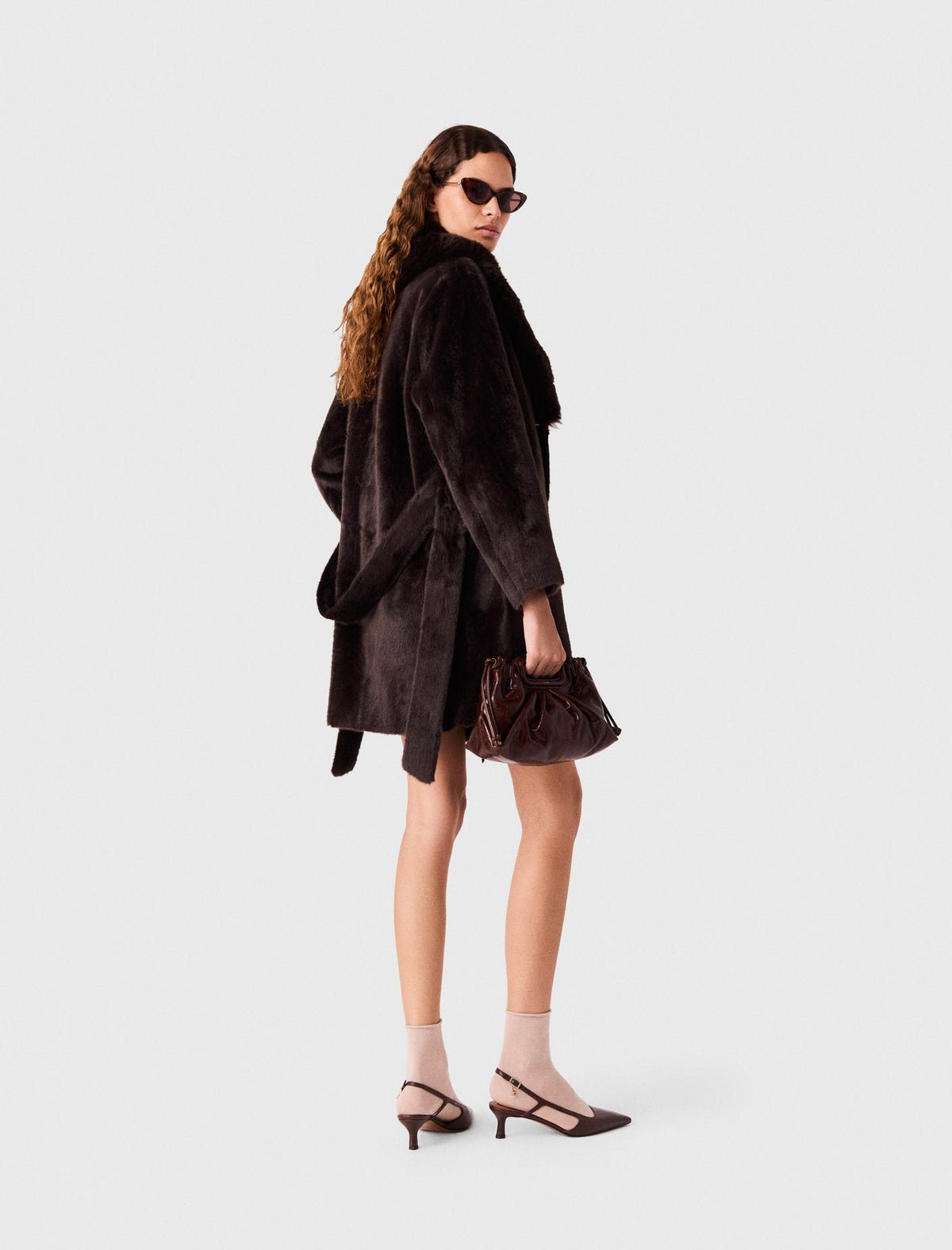Mid-Length Faux Fur Coat Dark Brown