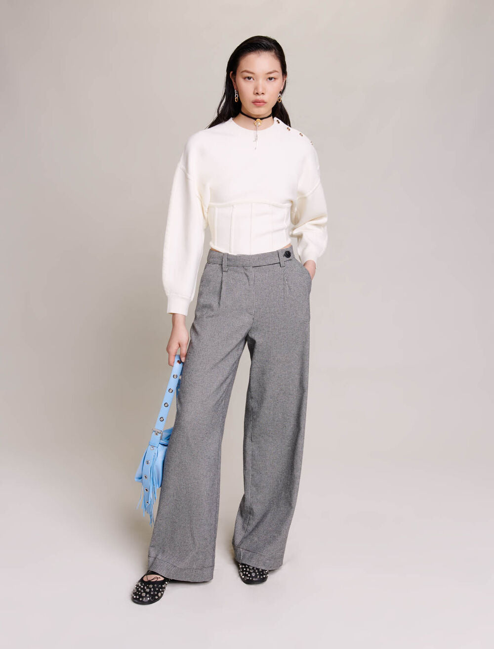Black/ White-featured-Wide-Leg Suit Trousers
