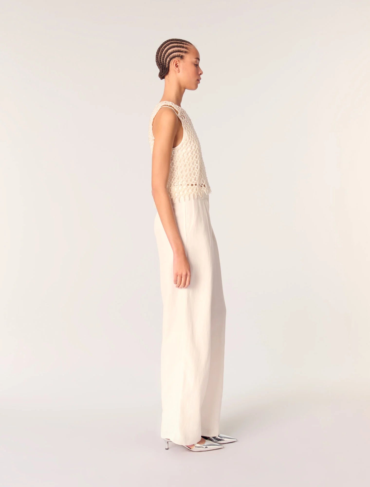 Ecru-Wide-Leg Suit Trousers