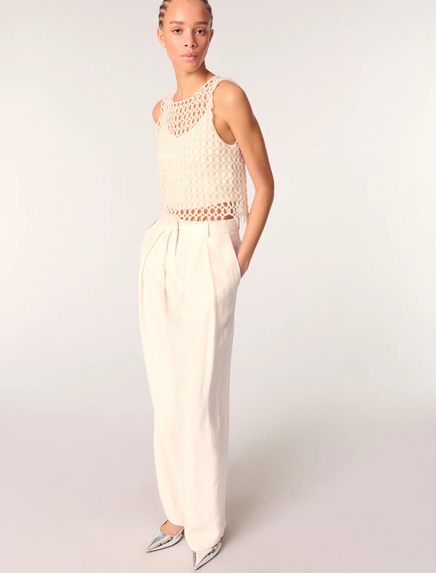 Ecru-Wide-Leg Suit Trousers