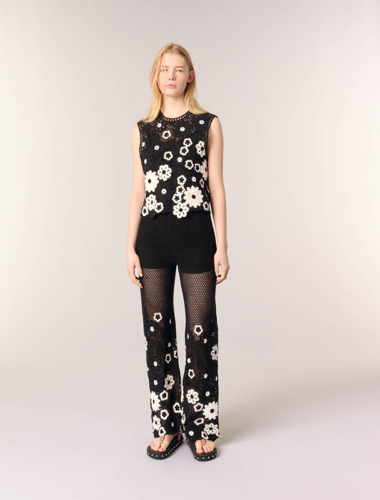 Black / White-featured-Floral crochet trousers