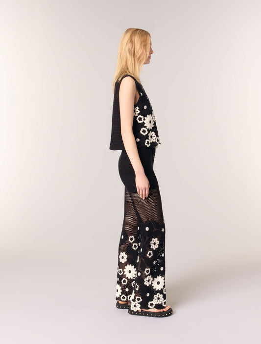 Black / White-Floral crochet trousers