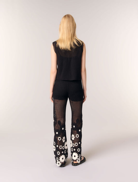 Black / White-Floral crochet trousers
