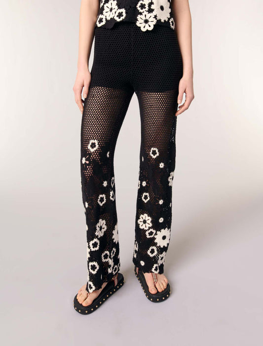 Black / White-Floral crochet trousers