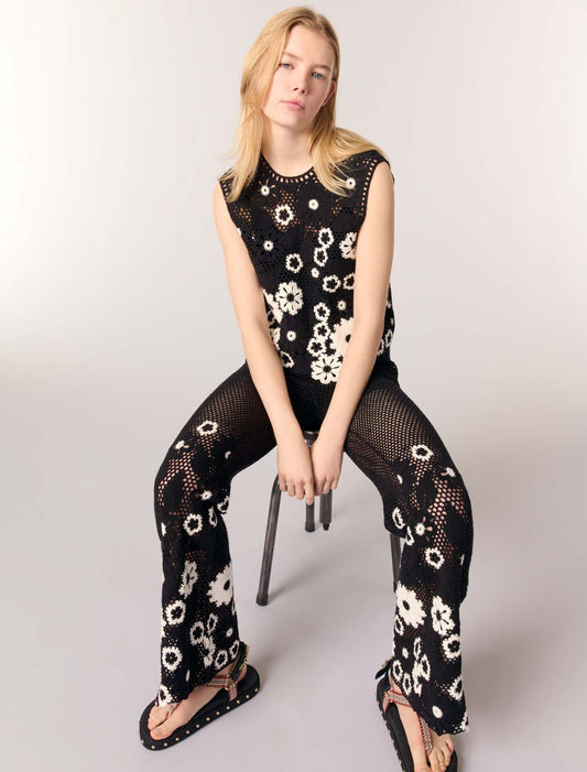 Black / White-Floral crochet trousers