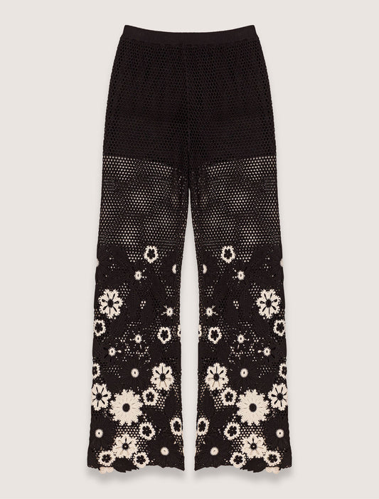 Black / White-Floral crochet trousers