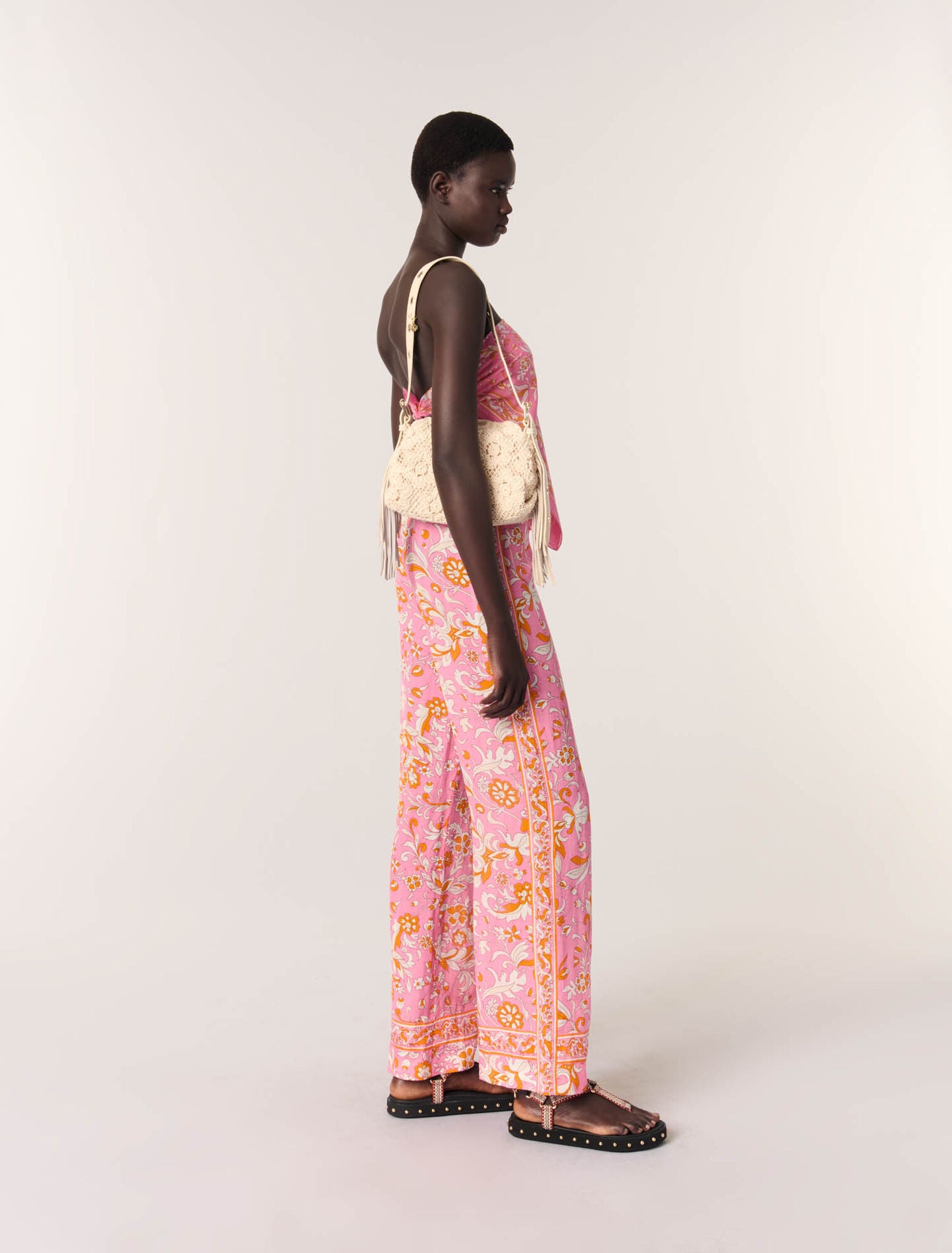 Orange Pink Flowers Print-Patterned linen trousers