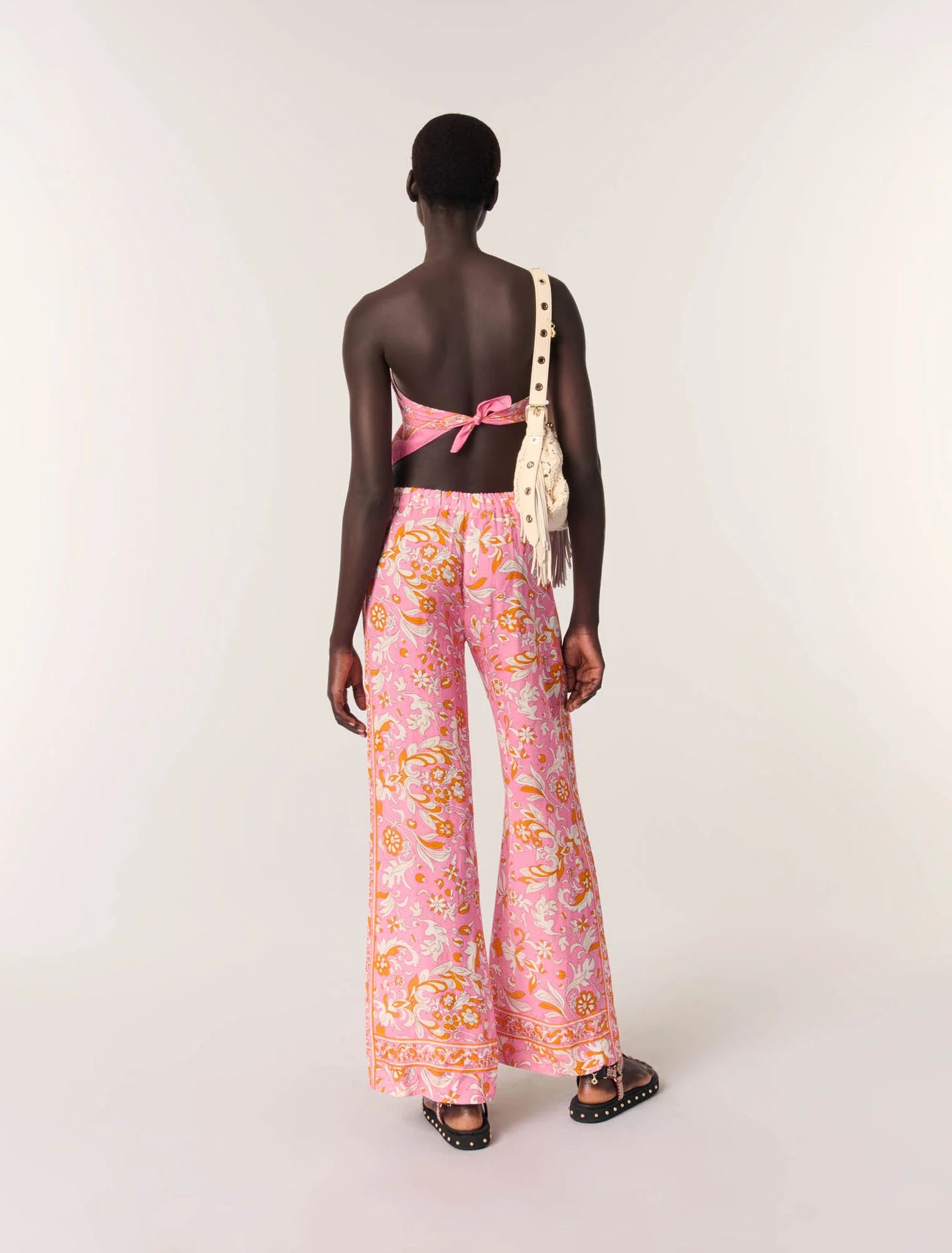 Orange Pink Flowers Print-Patterned linen trousers