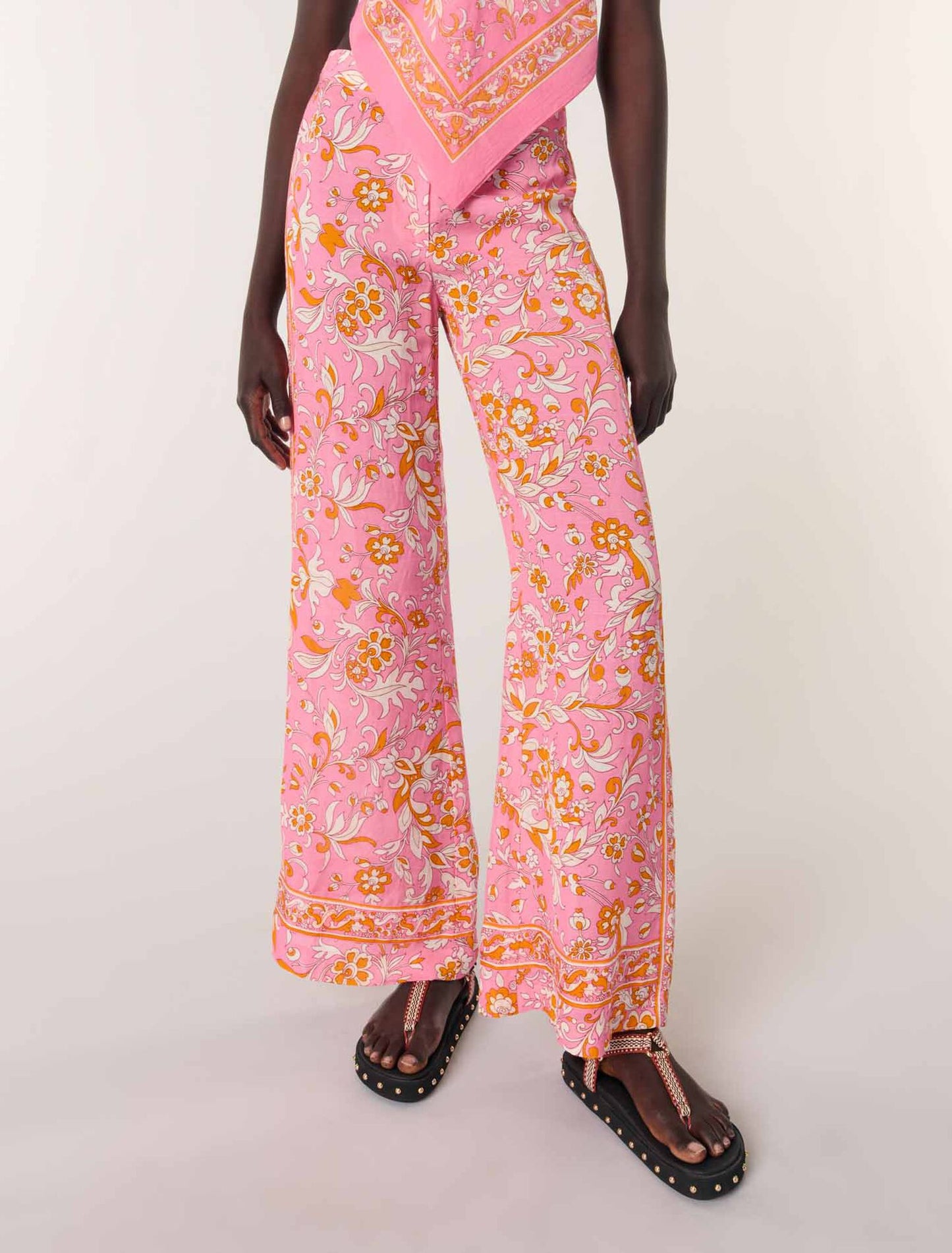 Orange Pink Flowers Print-Patterned linen trousers
