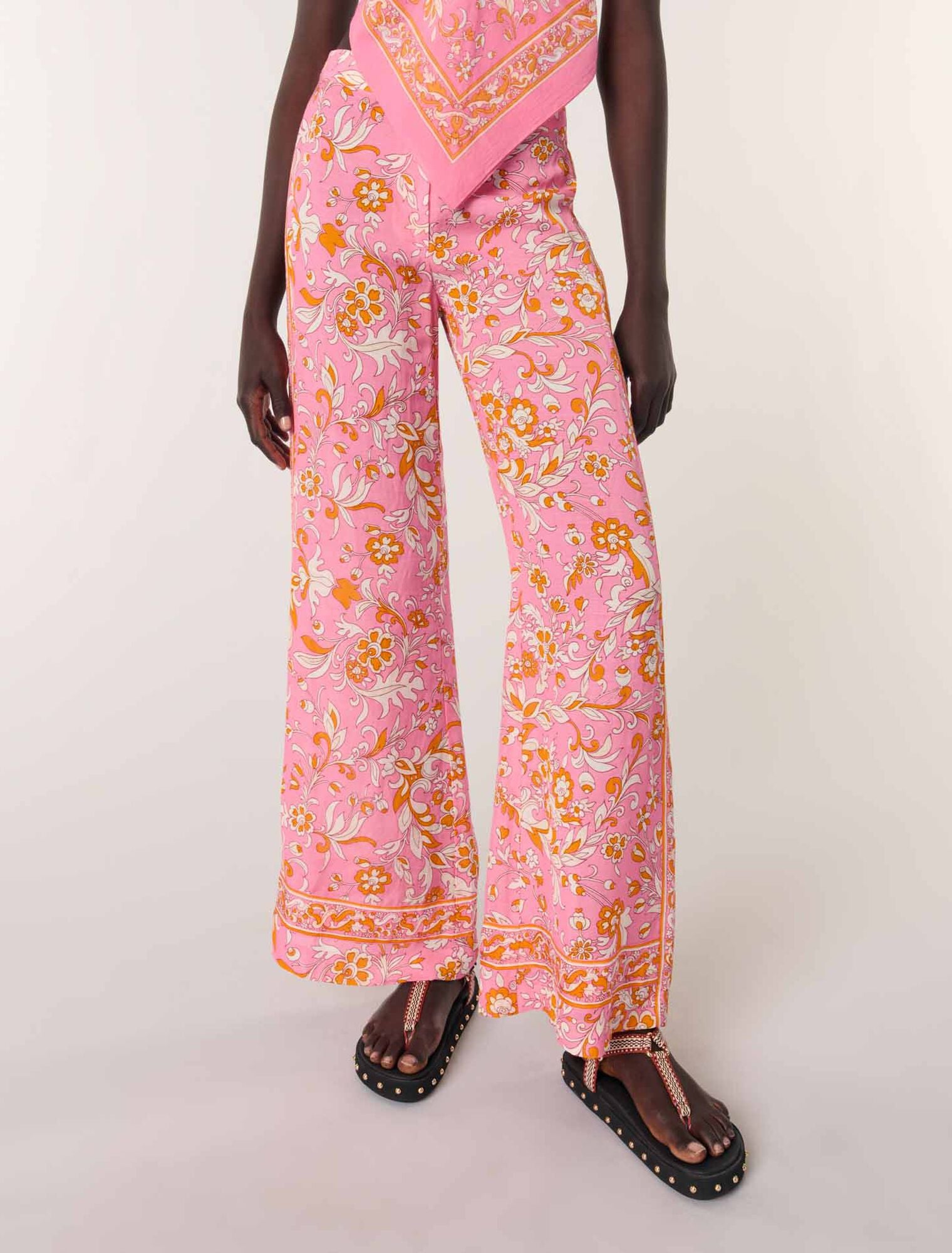 Orange Pink Flowers Print-Patterned linen trousers