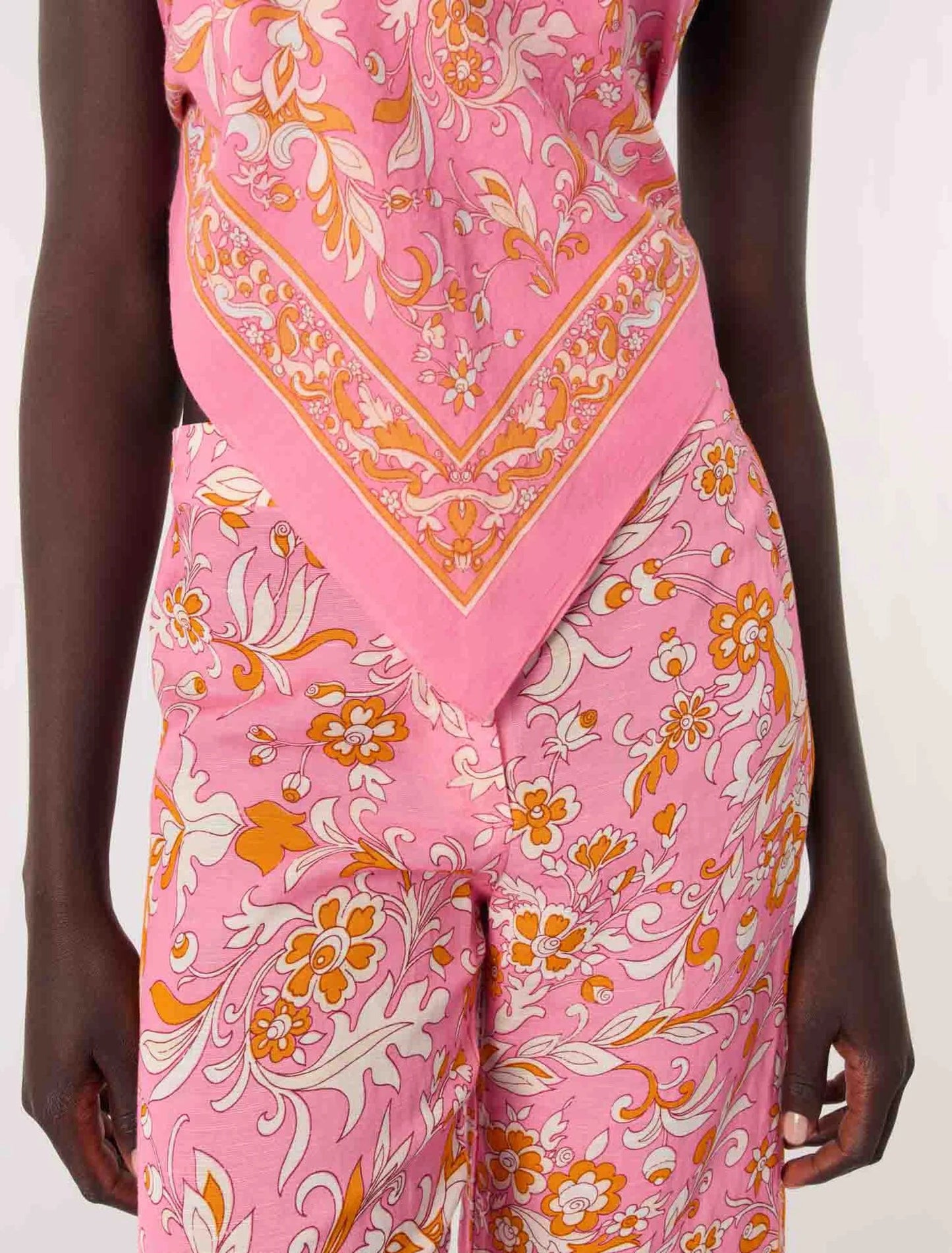 Orange Pink Flowers Print-Patterned linen trousers