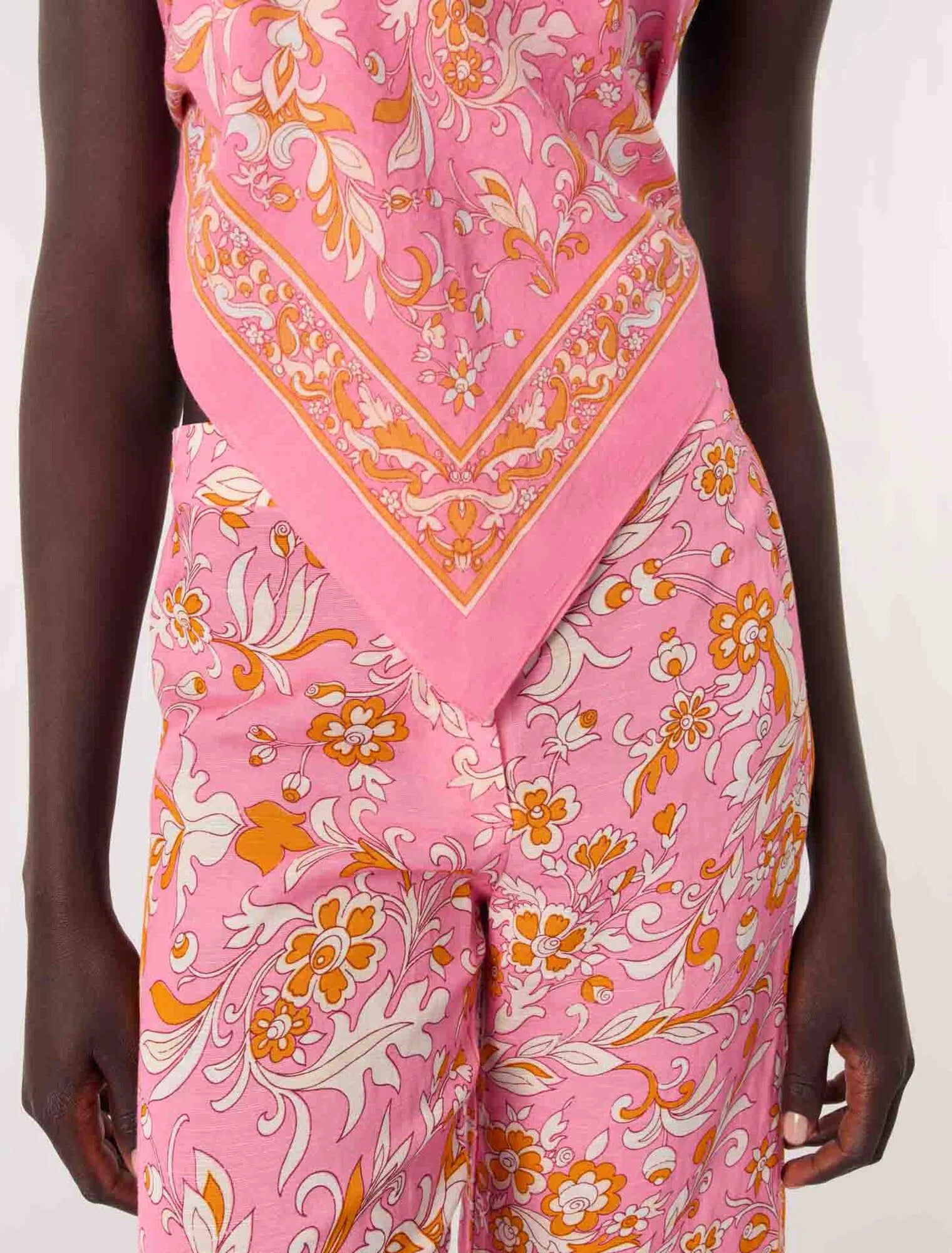Orange Pink Flowers Print-Patterned linen trousers