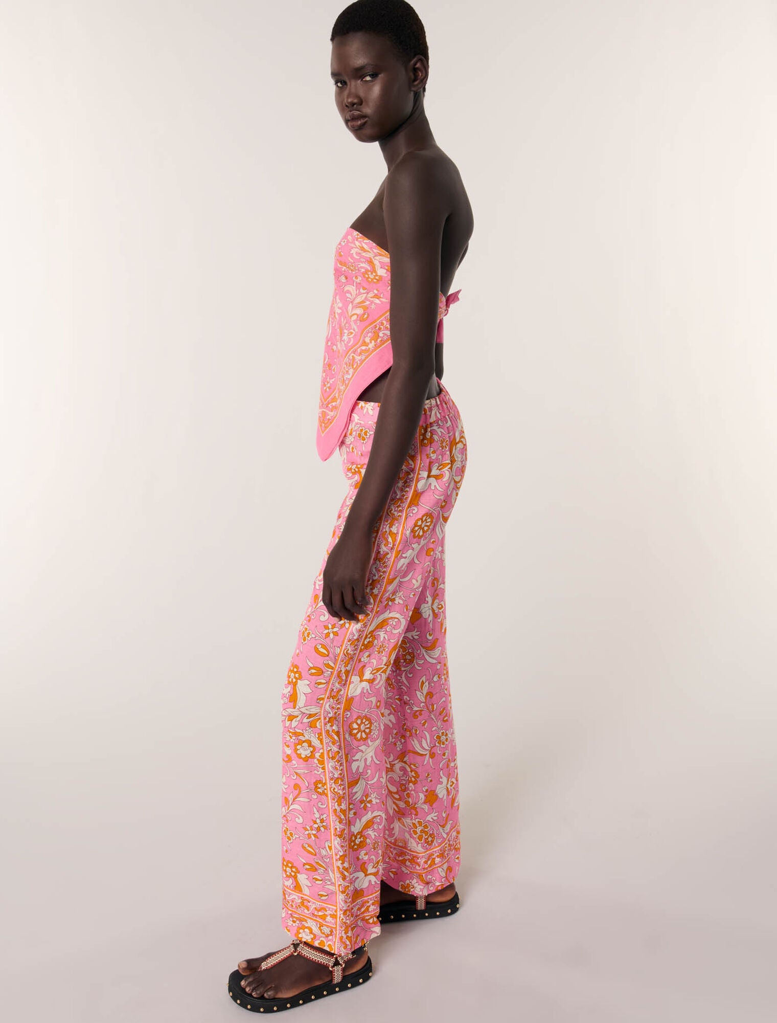 Orange Pink Flowers Print-Patterned linen trousers