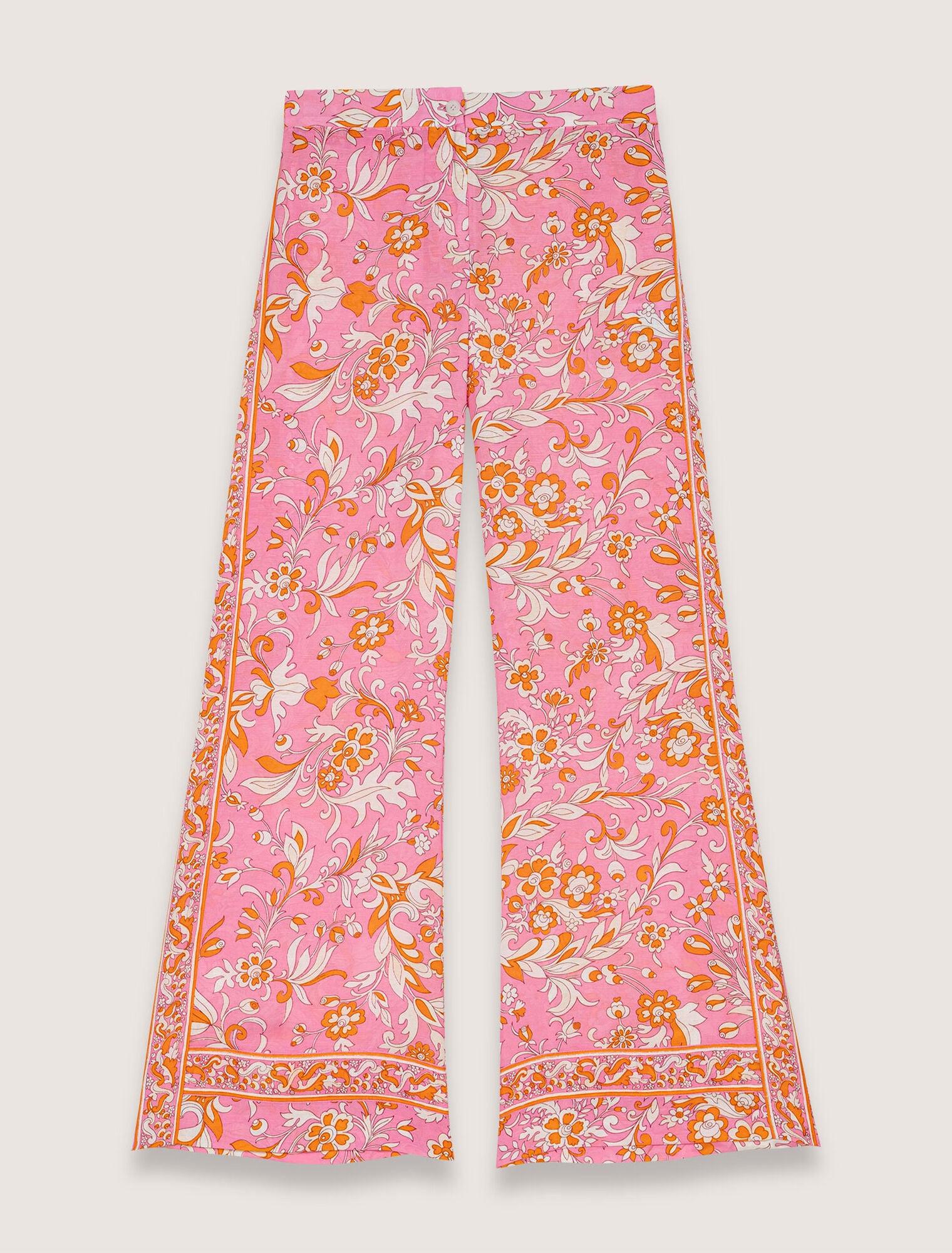 Orange Pink Flowers Print-Patterned linen trousers