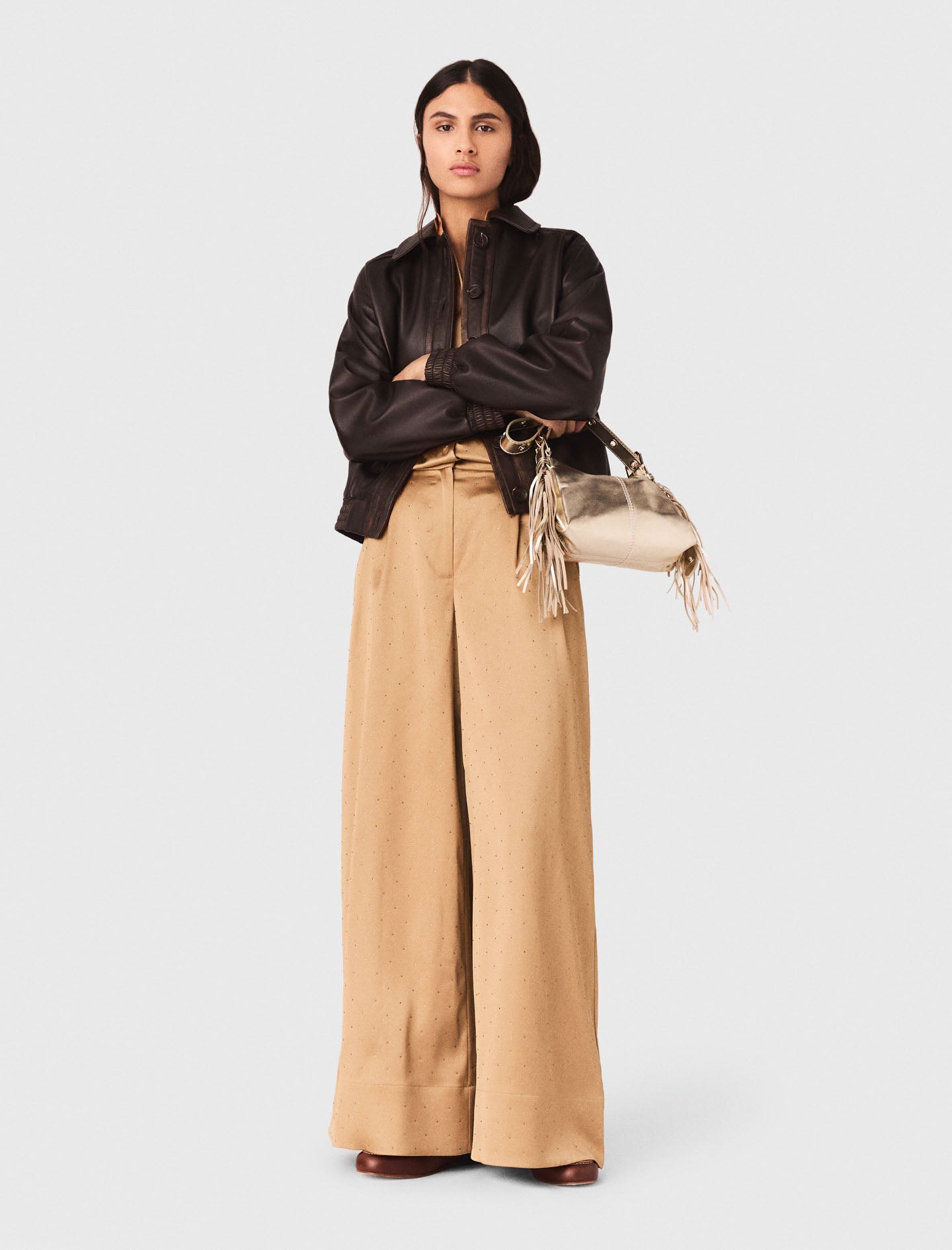 Rhinestone Satin Trousers CARAMEL