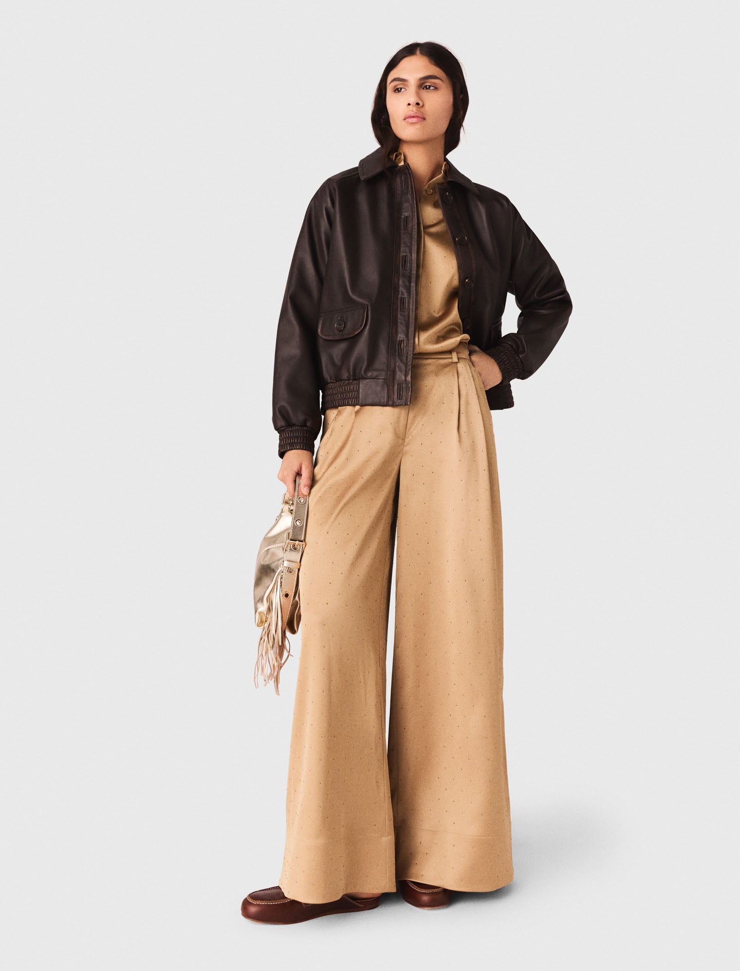 Rhinestone Satin Trousers CARAMEL