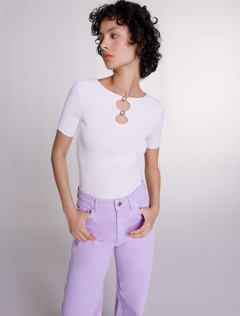 White-featured-Cutaway knit top with jewellery