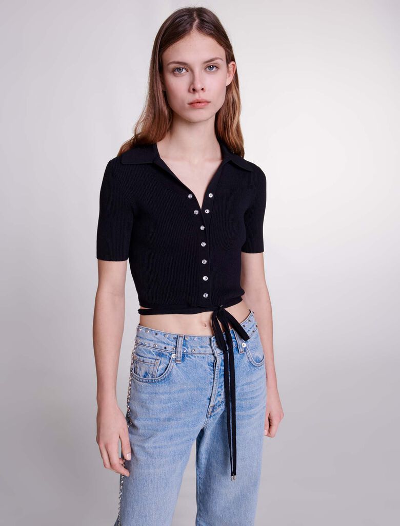 Black-featured-Knit crop top with ties