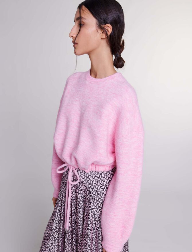 Pale Pink-Cropped knit jumper with drawstring