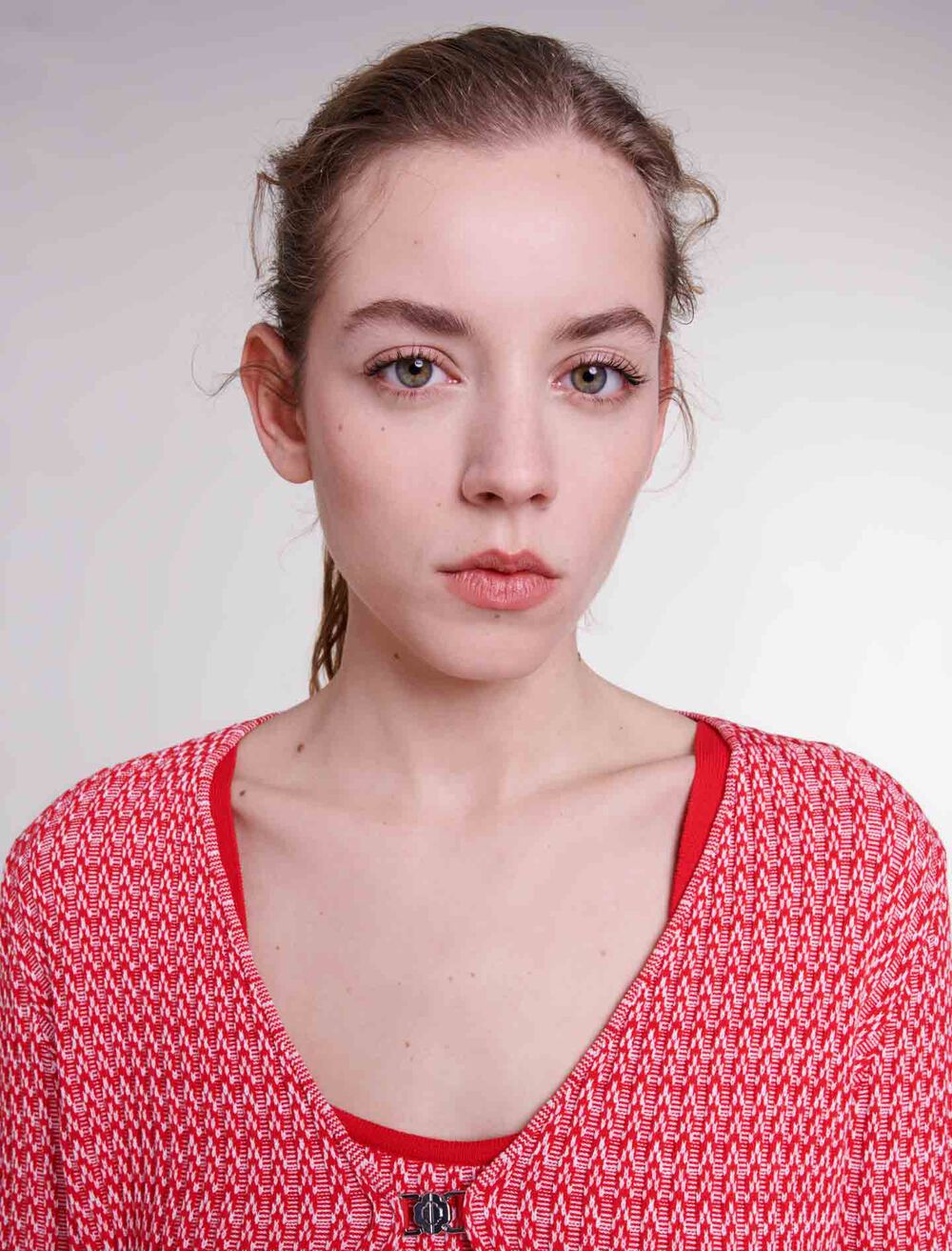 Red-featured-Herringbone knit twin set