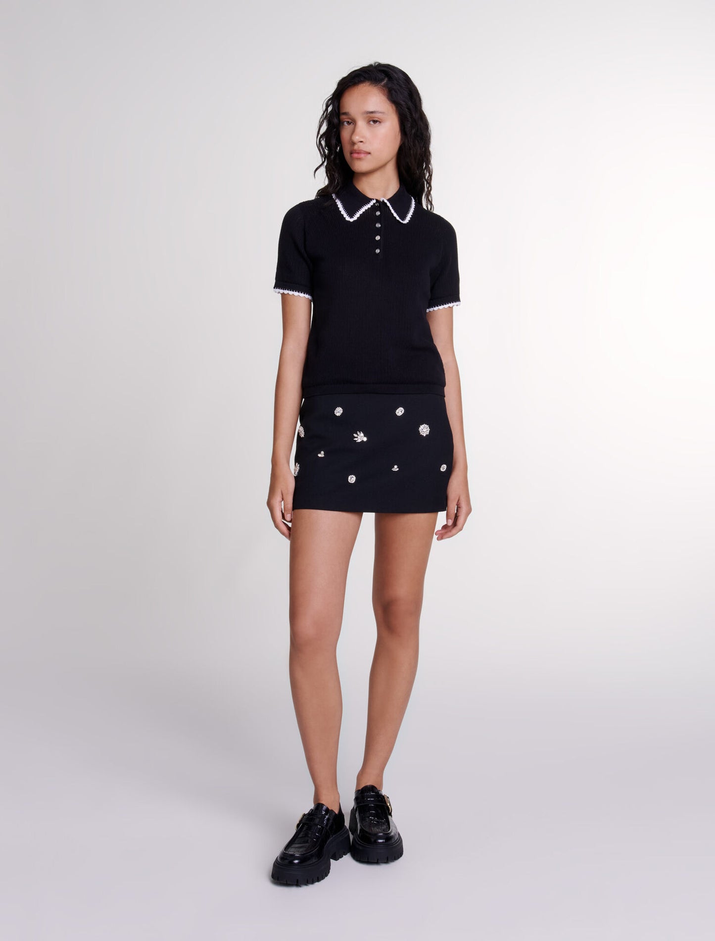 Black featured-Pointelle knit polo shirt