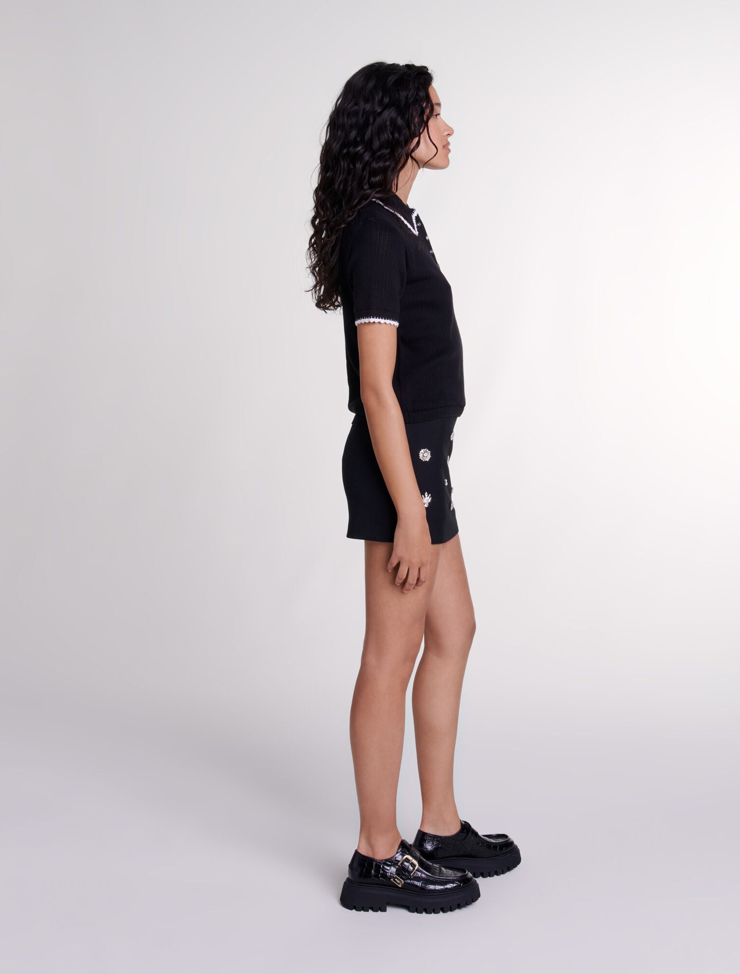 Black  -Pointelle knit polo shirt