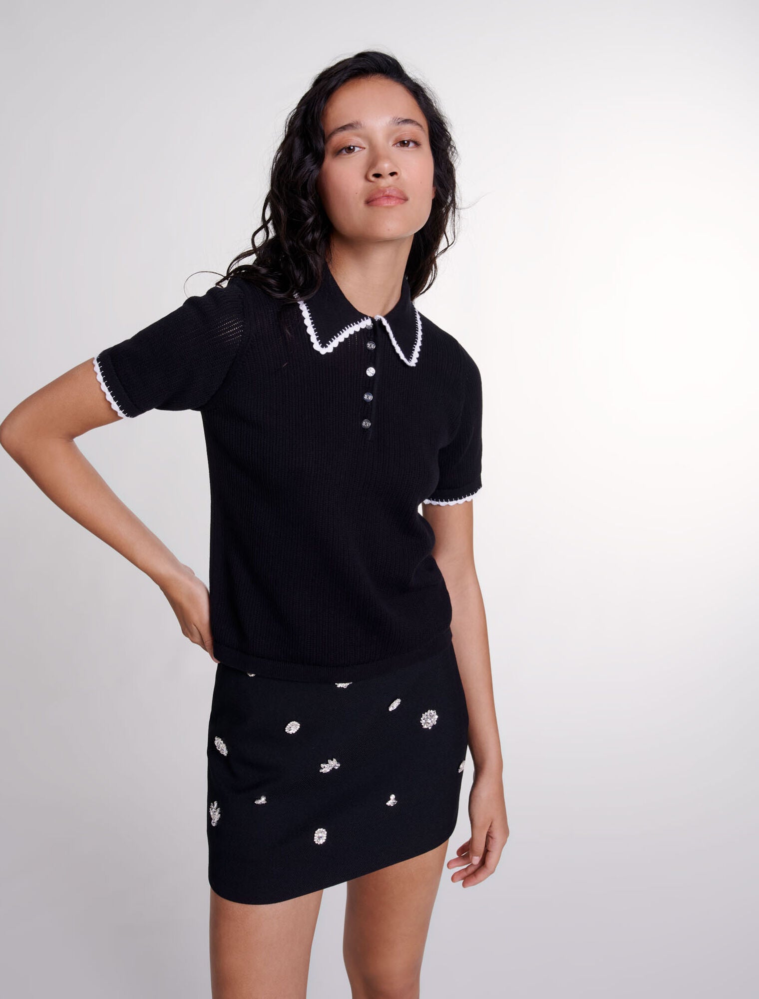 Black  -Pointelle knit polo shirt