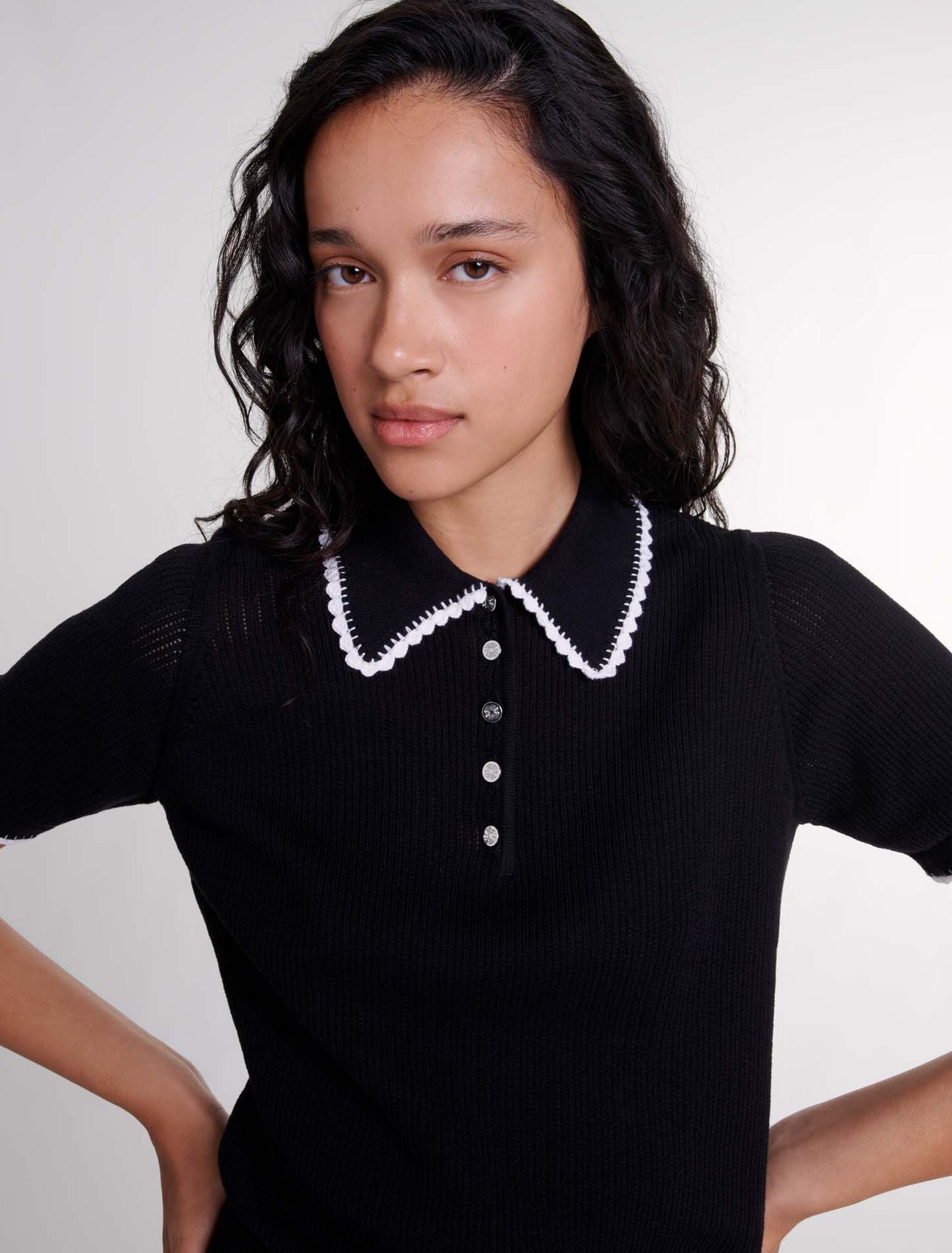 Black  -Pointelle knit polo shirt