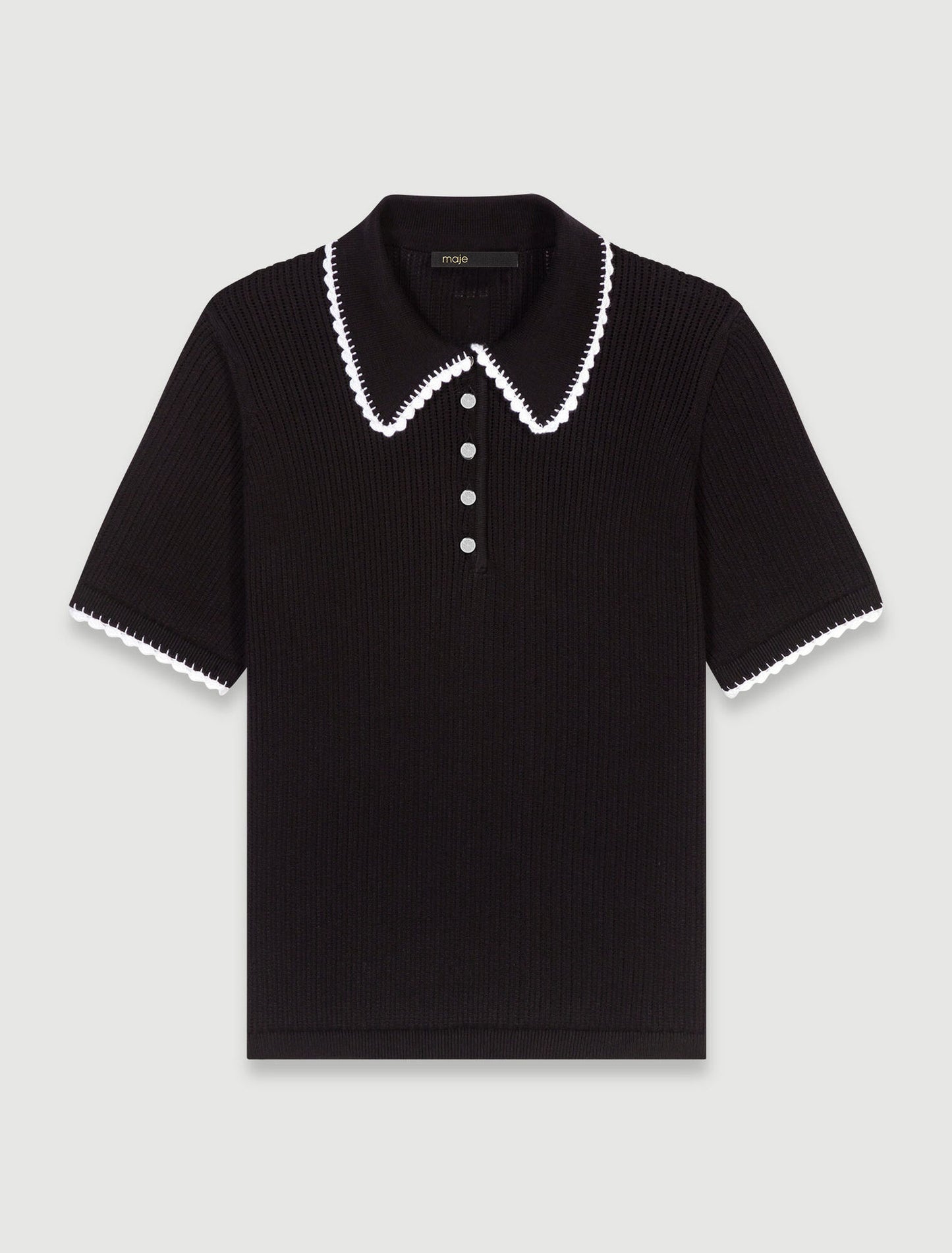 Black  -Pointelle knit polo shirt
