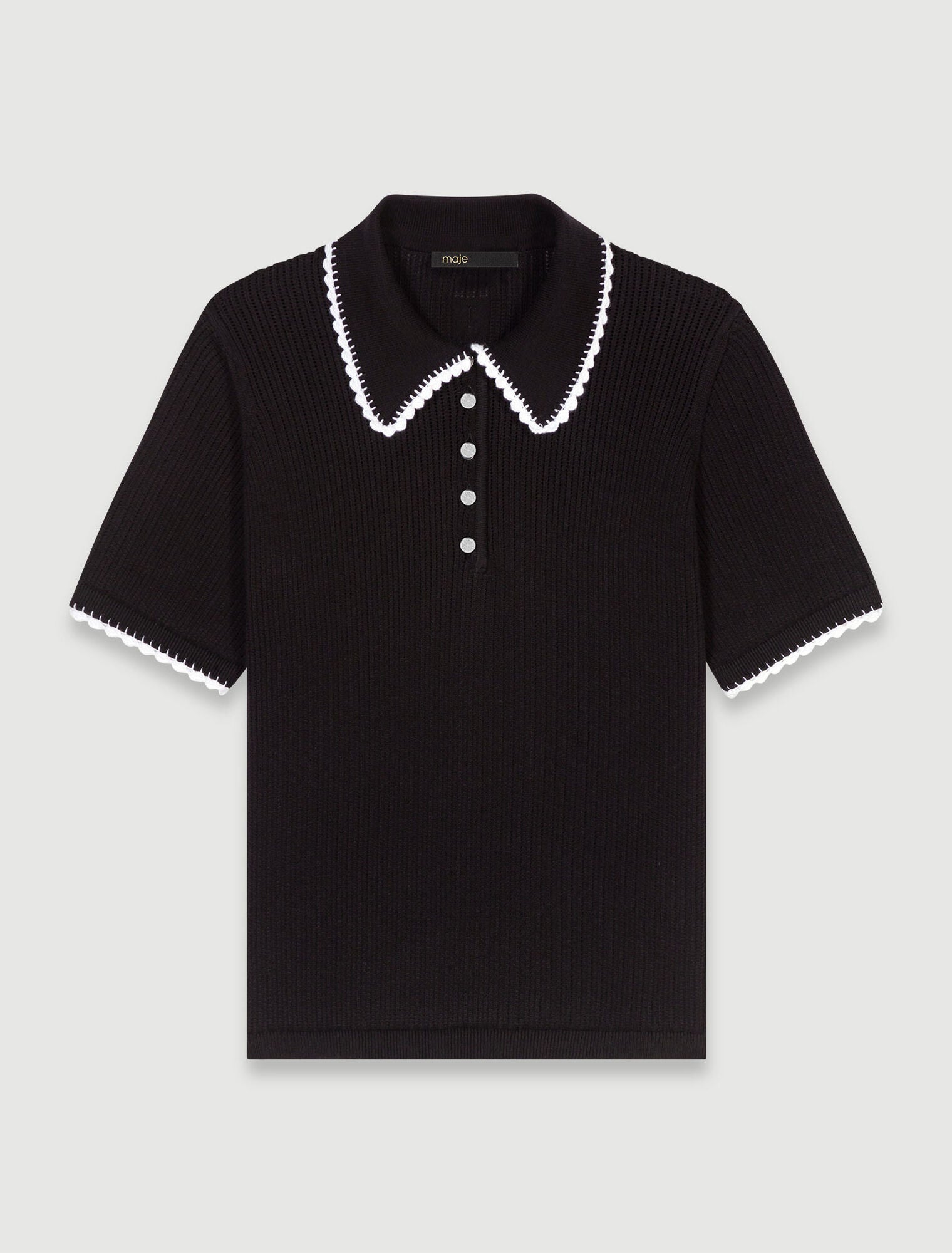 Black  -Pointelle knit polo shirt
