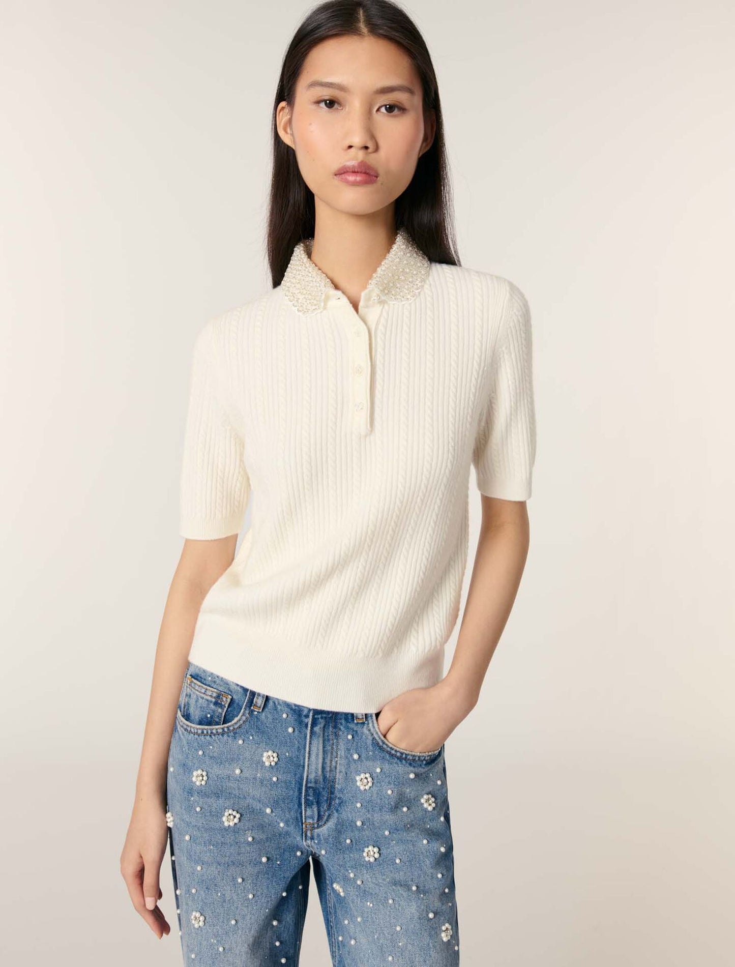 Ecru Jewellery collar knit polo shirt