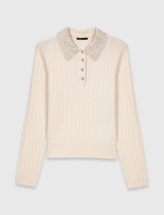 Knit polo shirt with rhinestone collar