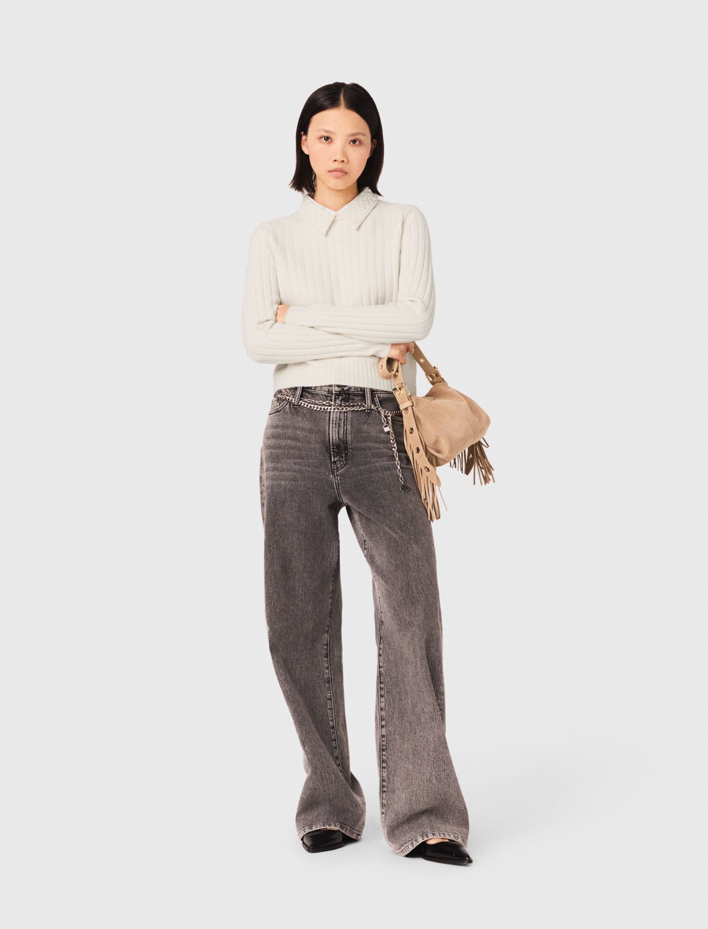 Pearl-Collar Ribbed Jumper Ecru