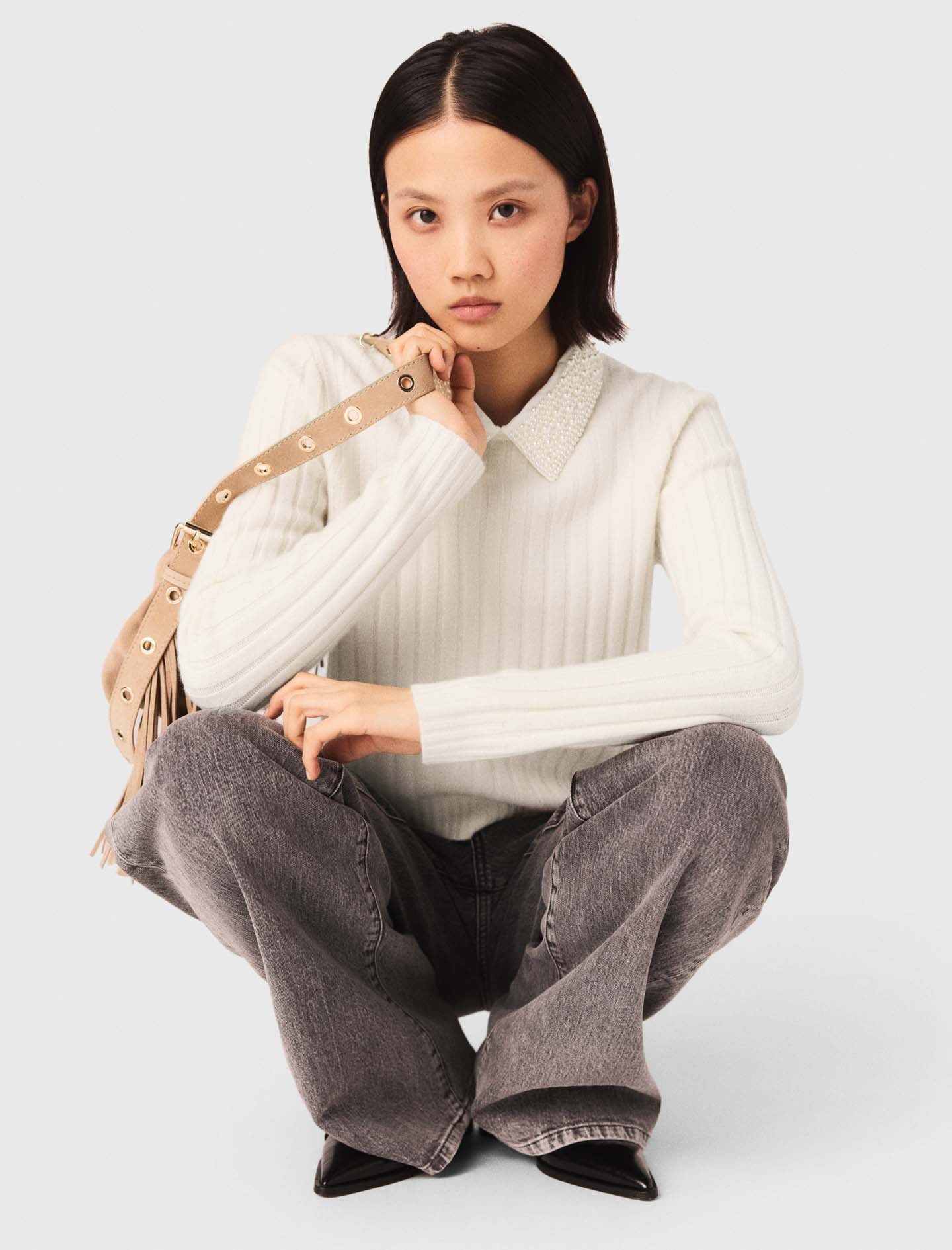 Pearl-Collar Ribbed Jumper Ecru