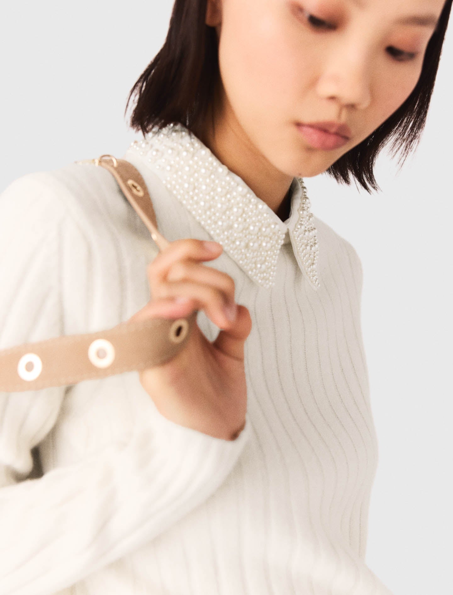 Pearl-Collar Ribbed Jumper Ecru