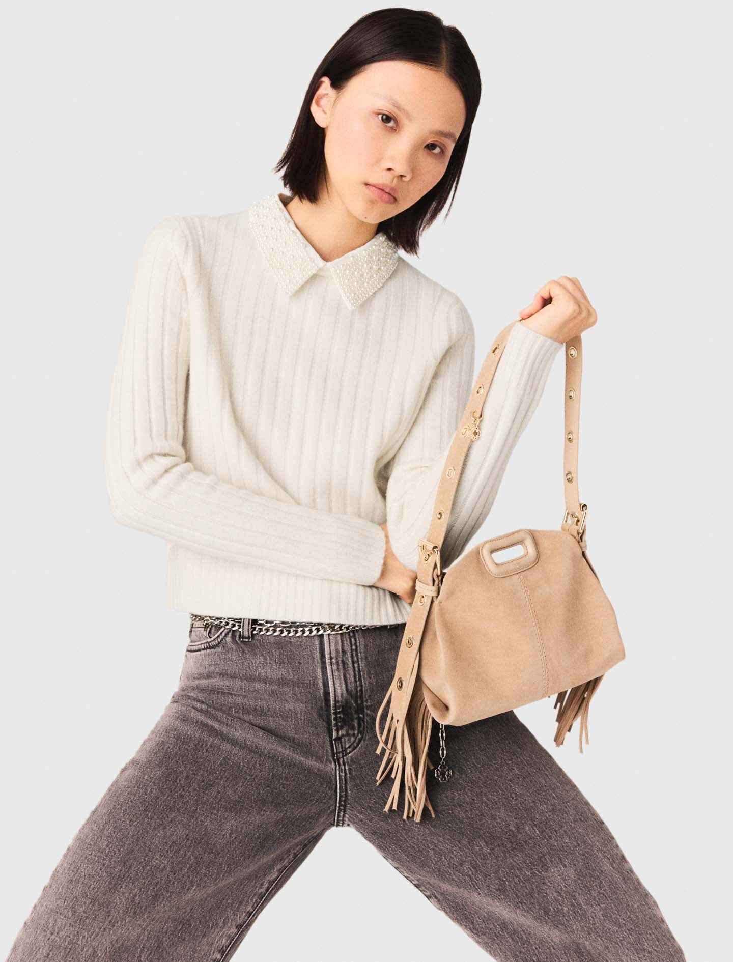 Pearl-Collar Ribbed Jumper Ecru