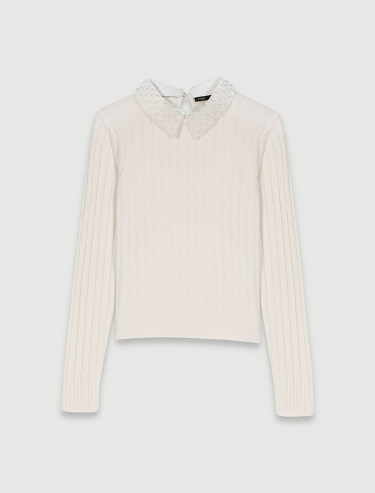 Pearl-Collar Ribbed Jumper ECRU