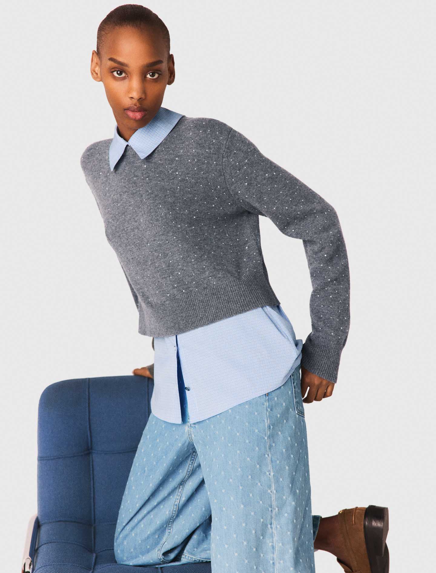 Removable Rhinestone Trim Jumper GREY