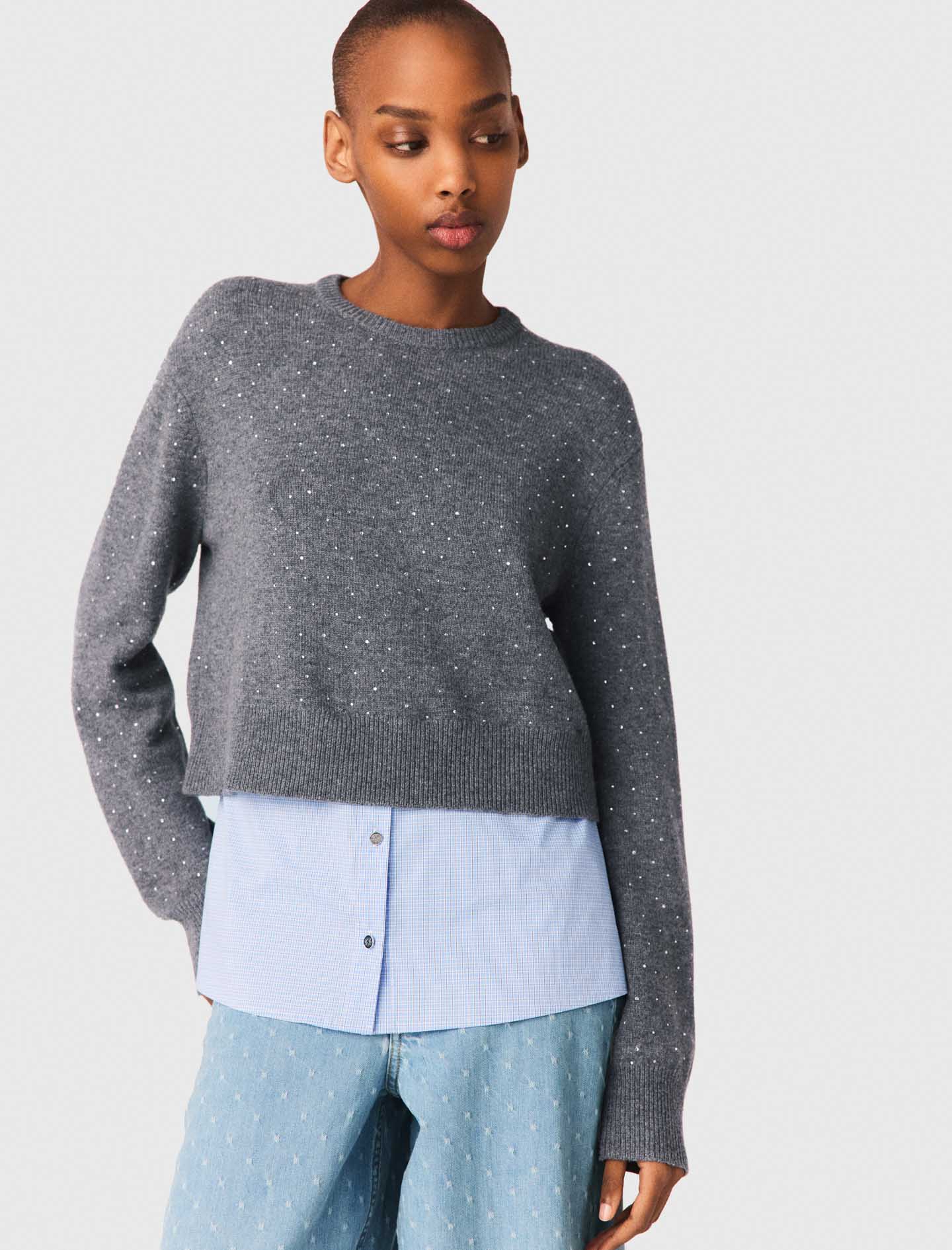 Removable Rhinestone Trim Jumper GREY