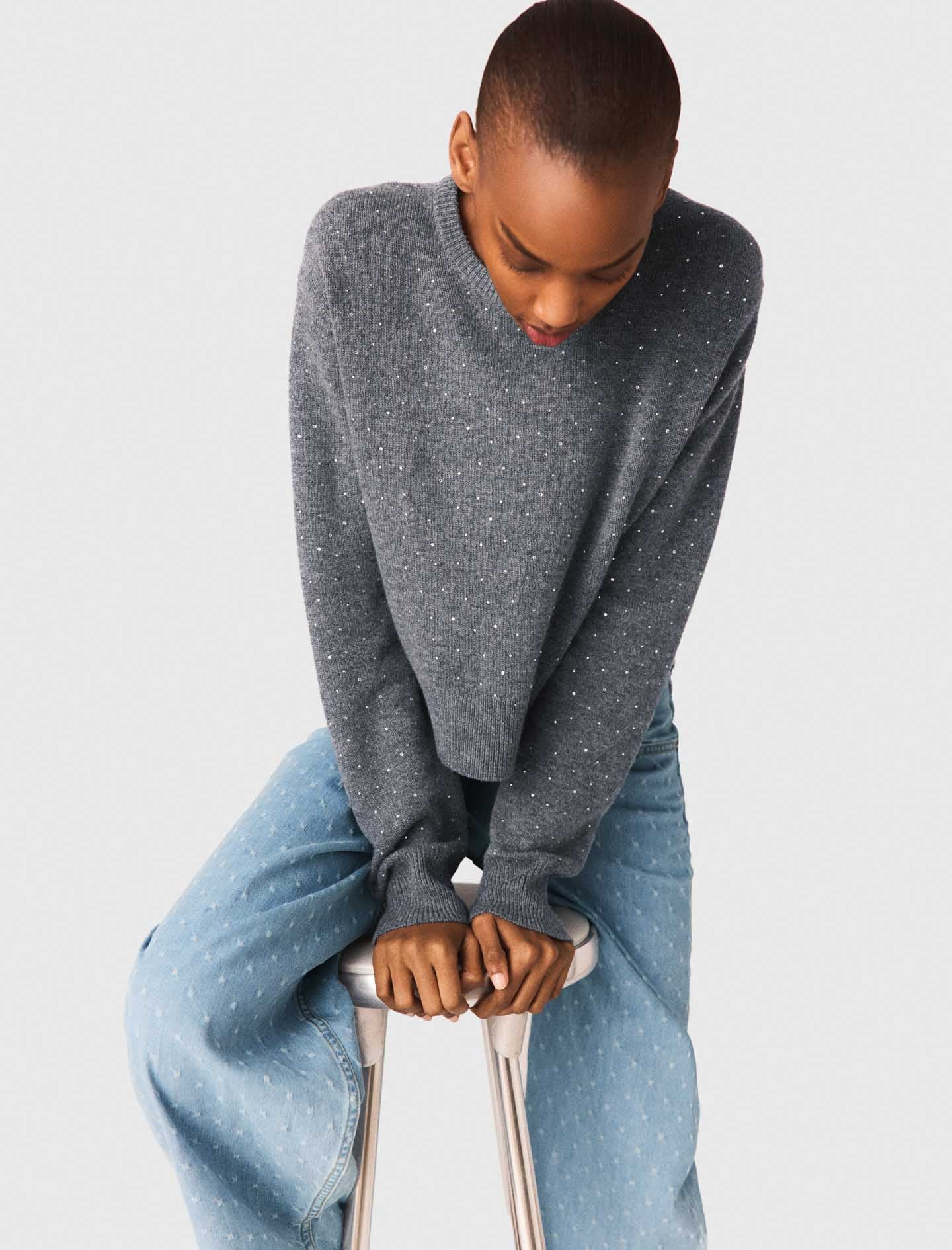 Removable Rhinestone Trim Jumper GREY