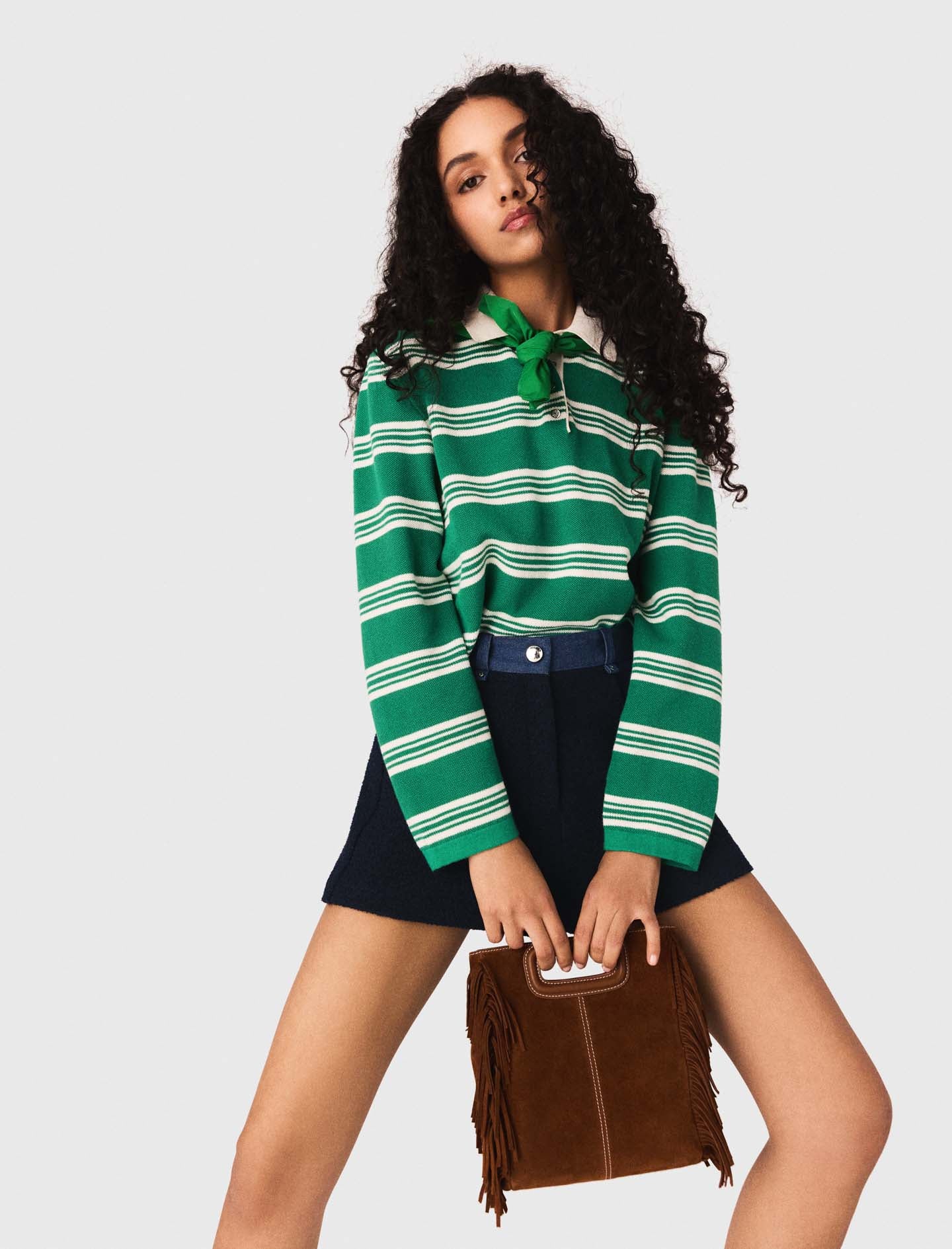 Cropped Striped Polo Jumper GREEN