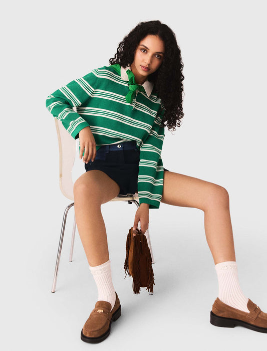 Cropped Striped Polo Jumper GREEN