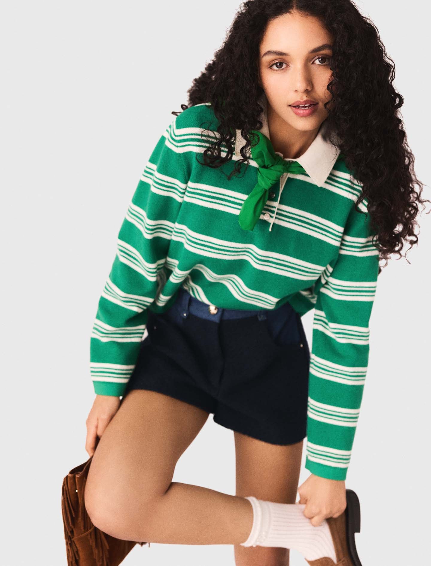 Cropped Striped Polo Jumper GREEN