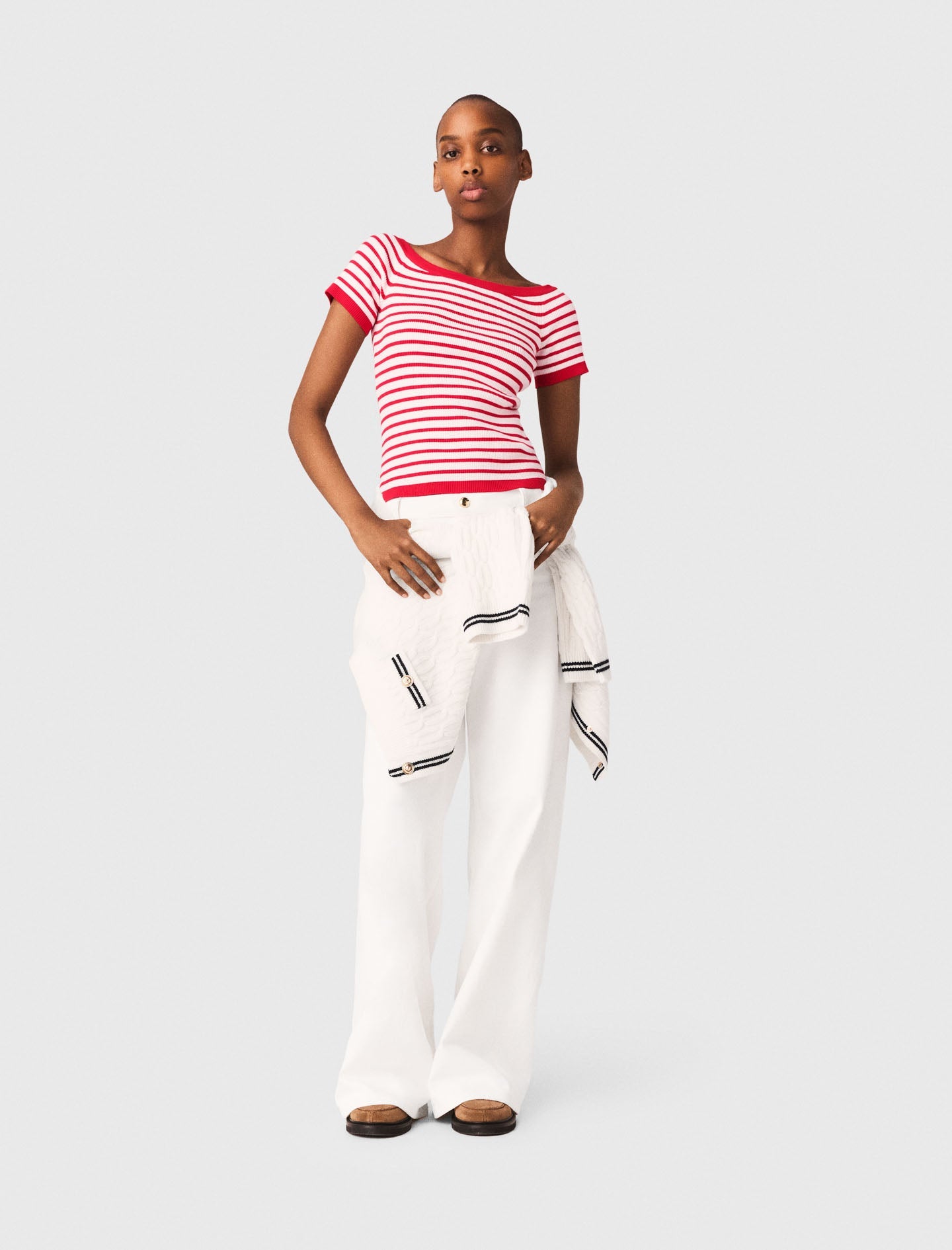 Striped Knit Top With Boat Neck RED