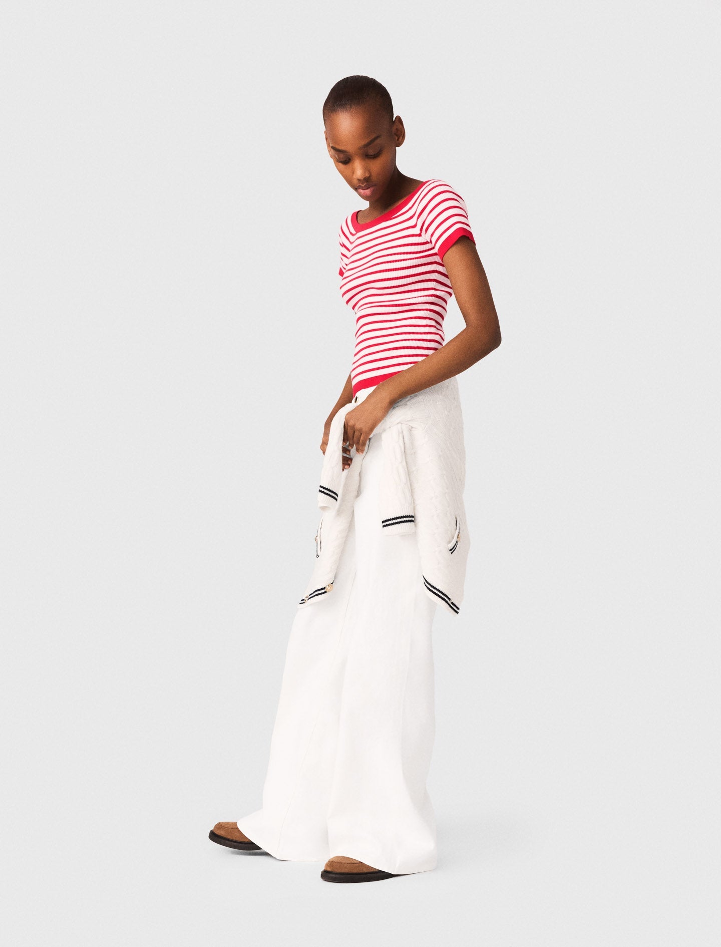Striped Knit Top With Boat Neck RED