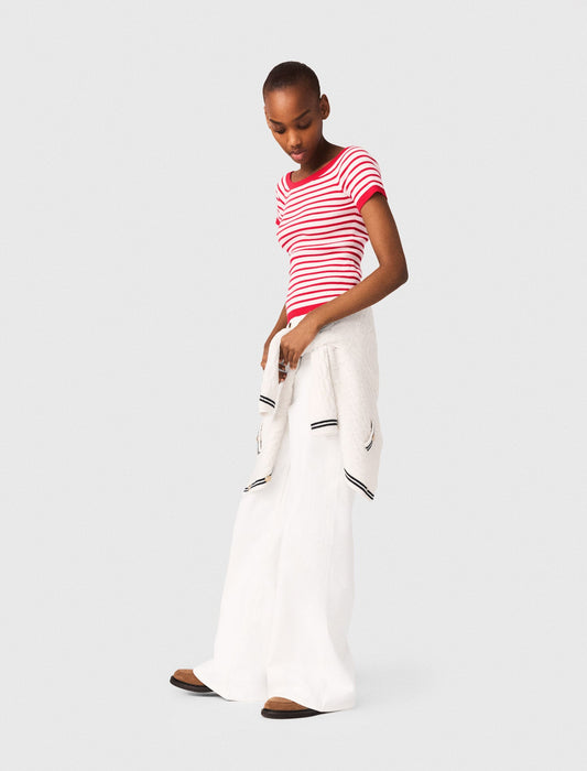 Striped Knit Top With Boat Neck RED