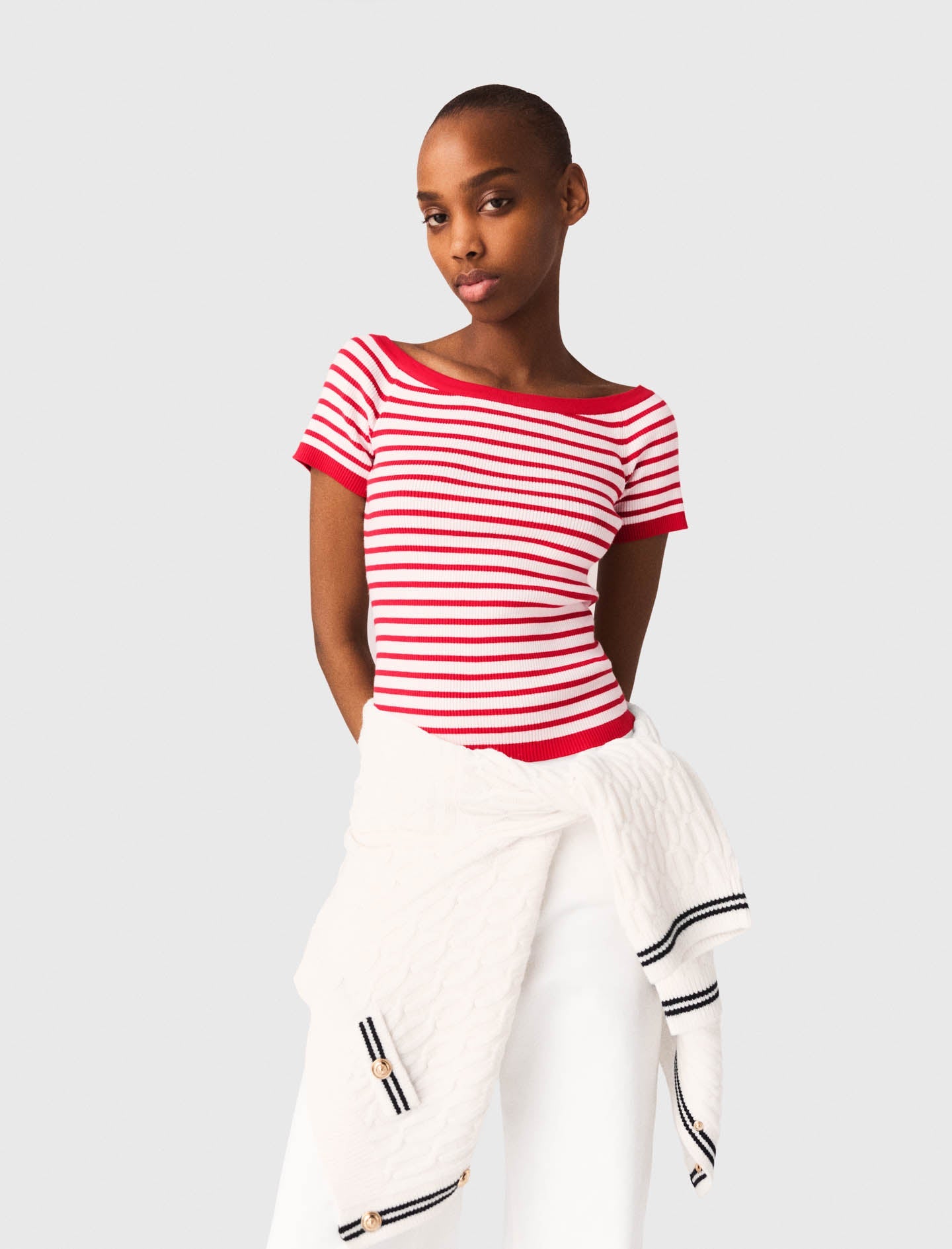 Striped Knit Top With Boat Neck RED
